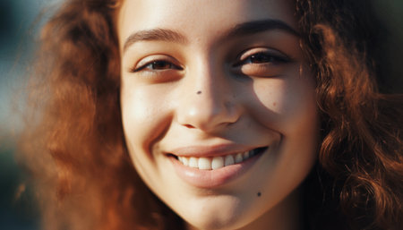 Cheerful young woman with a toothy smile enjoying summer nature generated by artificial intelligenceの素材