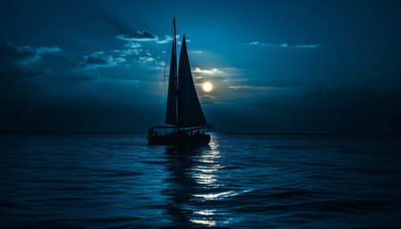Sailing yacht glides on tranquil seascape, backlit by sunset generated by artificial intelligenceの素材