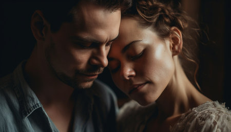 Smiling young couple embracing in affectionate love and togetherness generated by artificial intelligenceの素材