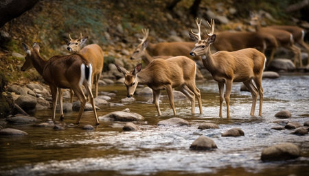 Small group of impala standing in wet grass, alertness in wilderness generated by artificial intelligenceの素材