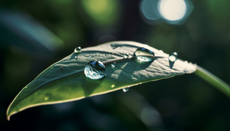 Fresh green leaves glisten with dew in the summer rain generated by artificial intelligence