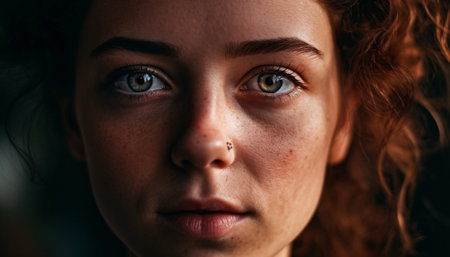 Cute young woman with brown hair looking at camera smiling generated by artificial intelligenceの素材