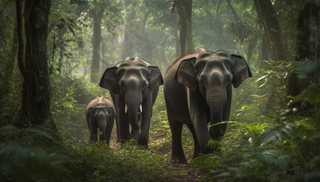 Tranquil scene of large elephant herd walking in wilderness area generated by artificial intelligenceの素材