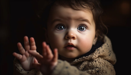 Cheerful baby boy looking at camera, radiating innocence and happiness generated by artificial intelligenceの素材