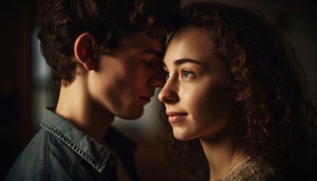 Smiling young couple in love, embracing and kissing affectionately indoors generated by artificial intelligenceの素材