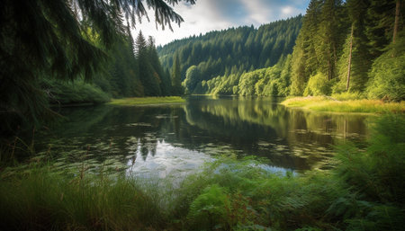 Tranquil scene of a mountain range reflecting in a pond generated by artificial intelligenceの素材