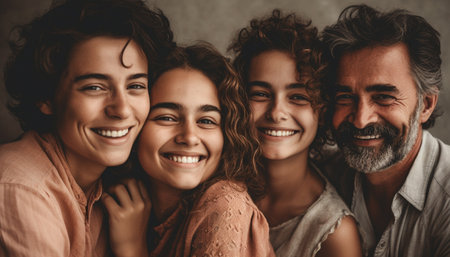 Happy adults embracing in a multi ethnic group, radiating joy and confidence generated by artificial intelligenceの素材