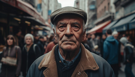 Senior men and women walking in winter city, smiling at camera generated by artificial intelligenceの素材