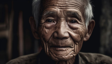 Senior adults, wrinkled and gray haired, looking at camera with wisdom generated by artificial intelligenceの素材