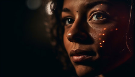 Beautiful young woman with brown hair looking sensually at camera generated by artificial intelligenceの素材