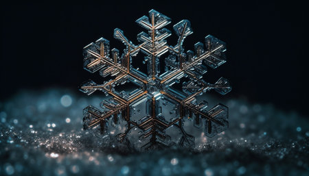 Shiny snowflake decoration glows in dark winter night backdrop generated by artificial intelligenceの素材