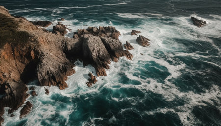 High angle view of rough seascape, eroded cliffs and crashing waves generated by artificial intelligenceの素材
