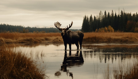 Horned elk grazes in tranquil autumn forest, reflecting natural beauty generated by artificial intelligenceの素材