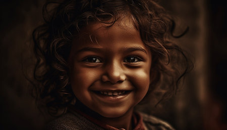 Smiling portrait of cute child exuding happiness and confidence indoors generated by artificial intelligenceの素材