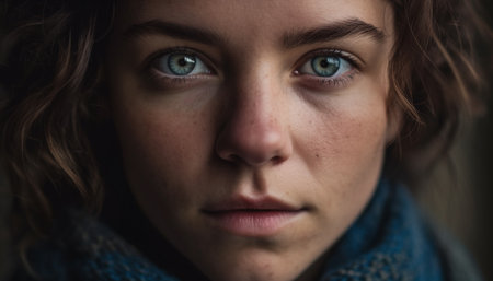 Portrait of a Caucasian woman with brown hair looking sad generated by artificial intelligenceの素材