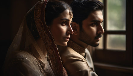 Smiling newlywed couple sitting indoors, looking at camera with love generated by artificial intelligenceの素材