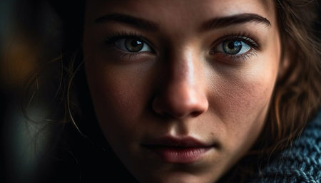 Beautiful young woman with brown hair looking confidently at camera generated by artificial intelligenceの素材