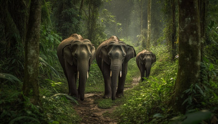 Elephant herd grazing in lush green African wilderness landscape generated by artificial intelligenceの素材