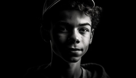 Cute boy with brown hair looking confidently at camera indoors generated by artificial intelligenceの素材