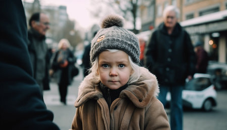 Happy family embraces winter joy with warm clothing and love generated by artificial intelligenceの素材