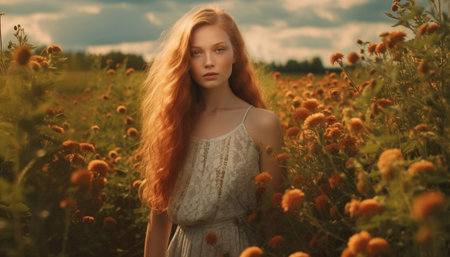 Serene woman in meadow, surrounded by nature beauty and sensuality generated by artificial intelligenceの素材