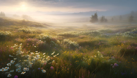 Tranquil meadow, wildflowers bloom in autumn purple haze generated by artificial intelligenceの素材
