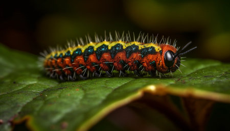 Green caterpillar crawls on leaf, magnified beauty in nature generated by artificial intelligenceの素材