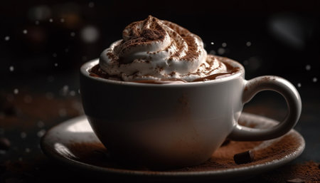 Dark chocolate mocha, whipped cream, and frothy milk refreshment generated by artificial intelligenceの素材