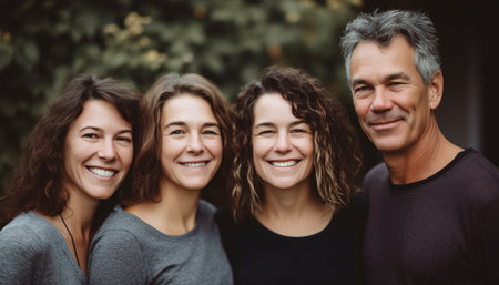 Smiling women and men in casual clothing enjoy nature together generated by artificial intelligenceの素材