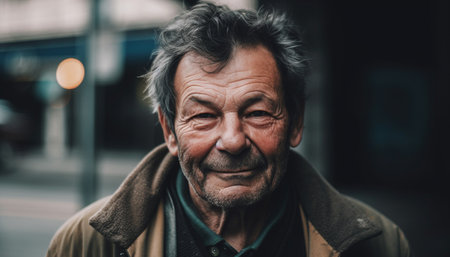 Smiling senior man with gray hair and eyeglasses looking confident generated by artificial intelligenceの素材