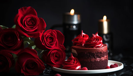 Candlelight flickers, dessert plate decorated with sweet chocolate indulgence generated by artificial intelligenceの素材