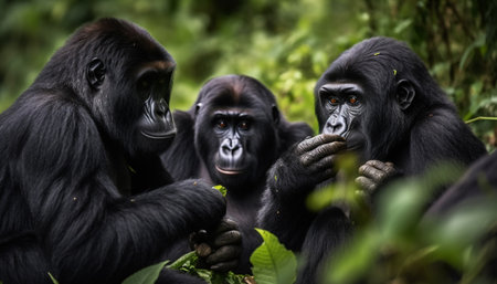 Primate family in African rainforest monkeys, gorillas, and bonobos generated by artificial intelligenceの素材