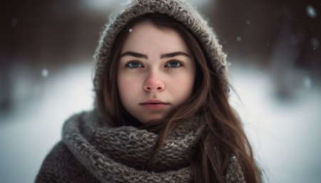One young woman in winter, looking at camera, smiling generated by artificial intelligenceの素材