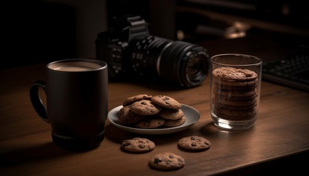 Close up of a chocolate chip cookie on a wooden table generated by artificial intelligenceの素材