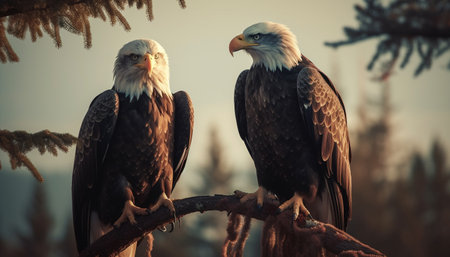 Majestic bald eagle perching on branch, symbol of American patriotism generated by artificial intelligenceの素材