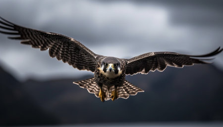 Majestic bird of prey soaring in the snowy mountain landscape generated by artificial intelligenceの素材