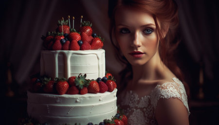 A beautiful woman enjoying a delicious strawberry dessert at a celebration generated by artificial intelligenceの素材