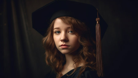 Caucasian woman, beauty, education, brown hair, young, smiling, graduation gown, success, fashion, confidence generated by artificial intelligenceの素材