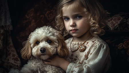 A cute little dog and a child share a portrait generated by artificial intelligenceの素材