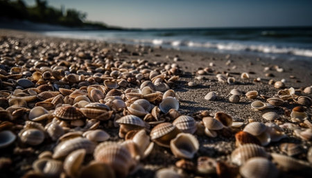 Tranquil scene of a sandy coastline, water, and seashells in summer generated by artificial intelligenceの素材