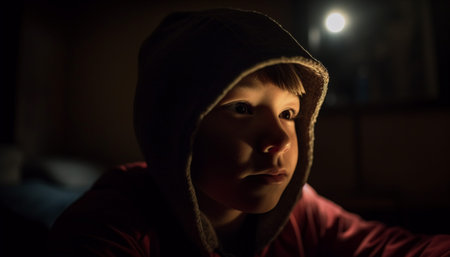 A lonely boy in a dark hoodie gazes back sadly generated by artificial intelligenceの素材