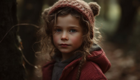 Cute child in warm clothing smiling, looking at camera in forest generated by artificial intelligenceの素材