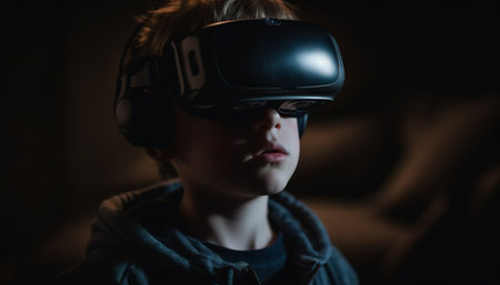 Childhood innovation Boys playing video games with virtual reality simulator generated by artificial intelligenceの素材