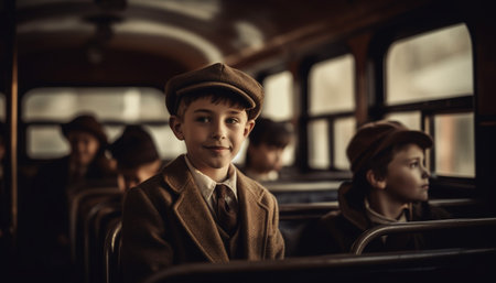 Smiling men, boys, and women on a bus journey together generated by artificial intelligenceの素材