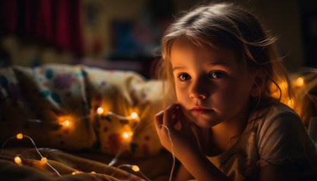 A cute Caucasian girl, smiling, looking at camera, surrounded by Christmas lights generated by artificial intelligenceの素材