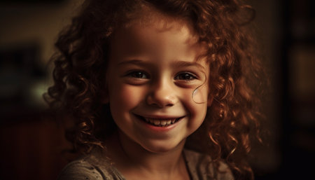 Smiling child with curly hair, looking at camera, radiating happiness generated by artificial intelligenceの素材