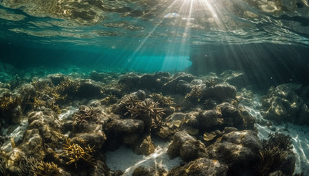 Underwater reef, fish swim in transparent water, tropical climate adventure generated by artificial intelligenceの素材