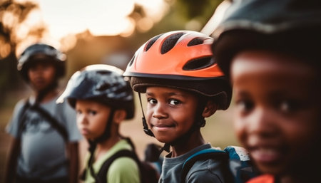 Smiling boys and girls, African and Caucasian, bonding in nature generated by artificial intelligenceの素材