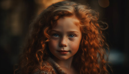 A beautiful, innocent girl with curly hair, smiling at the camera generated by artificial intelligenceの素材