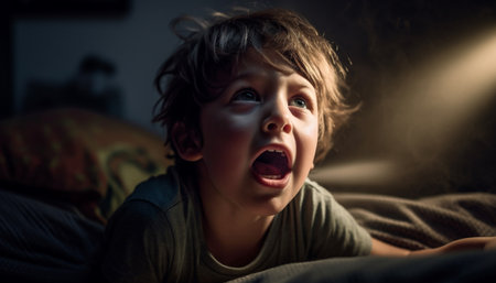 Cute boys playing in a small bedroom, joyful and cheerful generated by artificial intelligenceの素材